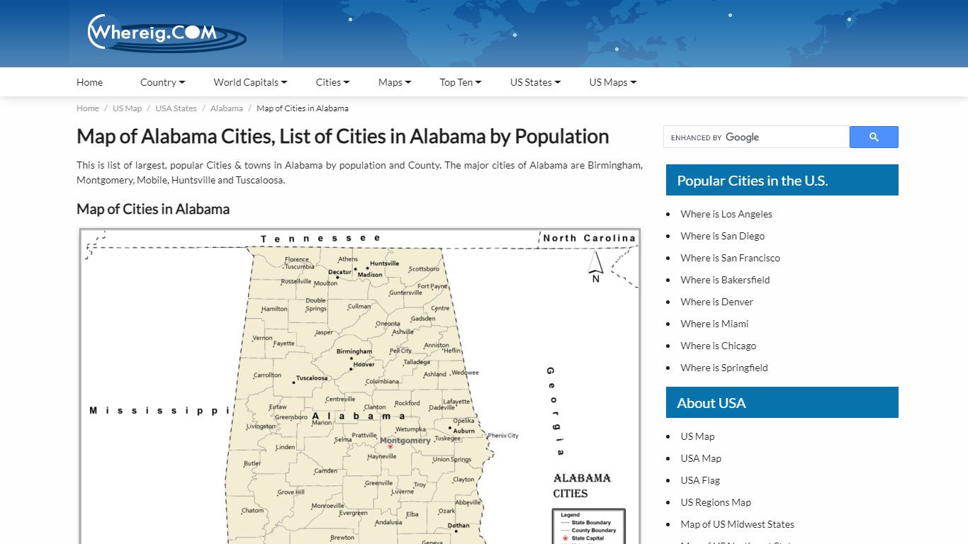 Map of Alabama Cities, List of Cities in Alabama by Population - whereig